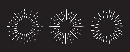 Sun rays images on black background. Firework hand drawn icons set. Vector. vector