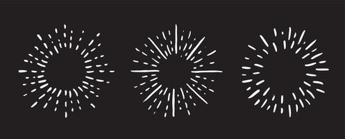 Sun rays images on black background. Firework hand drawn icons set. Vector. vector