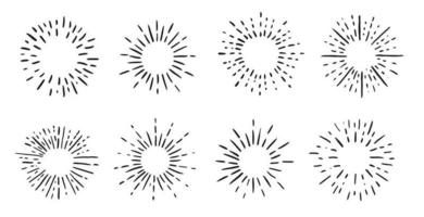 Sun rays images on black background. Firework hand drawn icons set. Vector. vector