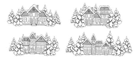 Illustration of houses. Christmas Greeting card. Set of hand drawn buildings. vector