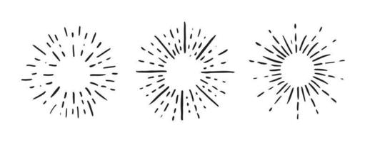Sun rays images on black background. Firework hand drawn icons set. Vector. vector