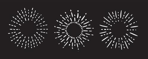 Sun rays images on black background. Firework hand drawn icons set. Vector. vector