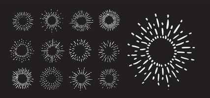 Sun rays images on black background. Firework hand drawn icons set. Vector. vector