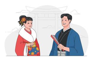 joven pareja japonesa celebra el día de la mayoría de edad vector
