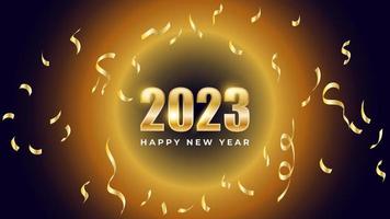 Happy new year 2023. Gold text on glowing background and falling gold paper vector