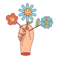 Flowers in hand. Retro 70s groovy element. png