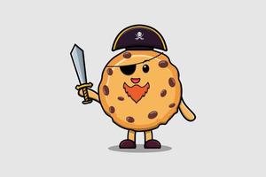 Cute cartoon mascot Biscuits pirate holding sword vector