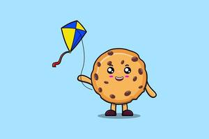 Cute cartoon Biscuits character playing kite vector