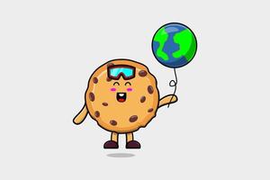 Cute cartoon Biscuits floating with world balloon vector