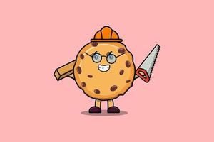 Cute cartoon Biscuits carpenter character with saw vector