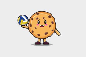 lindo personaje de galletas de dibujos animados jugando voleibol vector