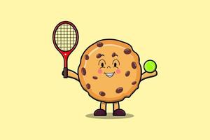 Cute cartoon Biscuits character play tennis field vector