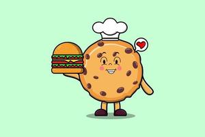 lindo personaje de dibujos animados galletas chef espera hamburguesa vector