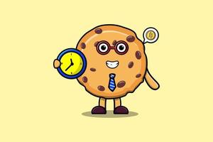 Cute cartoon Biscuits character holding clock vector