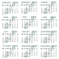 Calendar for 2023. Week starts from Monday. vector