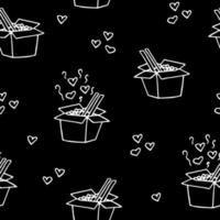 noodle in a box, chopsticks and steam with hearts seamless pattern hand drawn in doodle style. wallpaper, background, textile, wrapping paper. scandinavian, simple, minimalism, monochrome vector