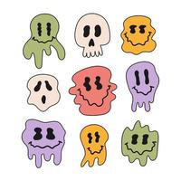 Retro set hippie colorful melting smile faces isolated on white background. Funny halloween emotional icons in style 60s, 70s vector