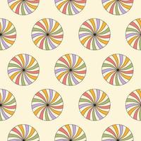 Retro abstract seamless pattern with colorful swirl sunburst in round shape. Trendy geometric background in style 60s, 70s. Pastel colors. Vector illustration