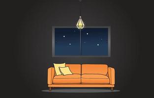 Vintage cozy armchair sofa in a dark room with the light of the celling lamp and night window view. Empty room. Flat design Vector illustration