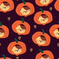 gato de dibujos animados de patrones sin fisuras dentro de la calabaza. lindo fondo de pantalla de halloween vector