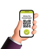 3d vector man hand with digital Vaccination Certificate and approved Green Health Passport on mobile App on smartphone design