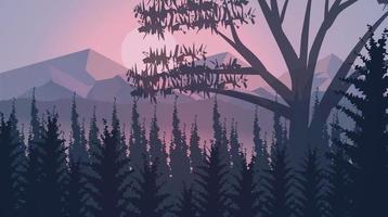 escena del atardecer en el bosque. cielo de bosque brillante con ilustración de fondo de paisaje de montañas vector