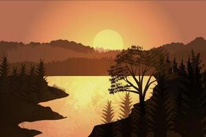 escena del atardecer en el bosque. cielo de bosque brillante con ilustración de fondo de paisaje de río vector