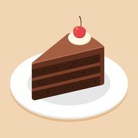 Slice of chocolate cake with cherry on plate or dish. Delicious sweet dessert concept. Isometric food icon. Cute cartoon vector illustration. Graphic design element. Symbol of sweets. Cafe menu.