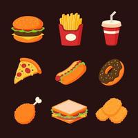 Collection of fast foods. Hamburger, french fries, soft drink, pizza, hot dog, donut, fried chicken drumstick, sandwich, and chicken nuggets. Set of cute cartoon meal dish icons. Vector illustration.