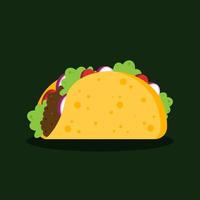 Taco with tortilla, meat, tomato, onion, and lettuce. Delicious fast food concept or street food. Traditional Mexican dish menu. Cute cartoon meal icon. Vector graphic design cuisine illustration.