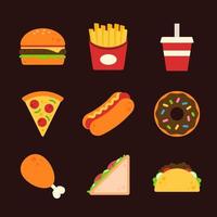 Collection of fast foods. Hamburger, french fries, soft drink, pizza, hot dog, donut, fried chicken drumstick, sandwich, and taco. Set of cute cartoon meal dish icons. Flat vector design illustration.