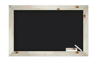 empty blackboard with wooden frame and chalks isolated photo