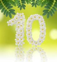 Numbers ten made of tropical flowers frangipani on natural background photo