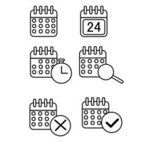 A set of calendar icons. Time, date, search, clock, tick, ban. vector