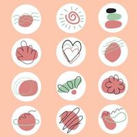 Instagram resalta los iconos en rosa, estilo boho, patrón. corazón, sol, flor, planeta. Destacar. portadas destacadas de la historia. vector