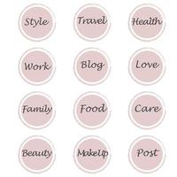 Instagram highlight icons in light color.  Lettering food, travel, beauty, animals, work, family, love. Highlights. Story Highlight Covers. vector