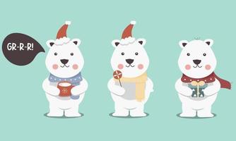 Set of winter white Christmas bears with scarf, hat, and cup vector