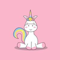 un unicornio se sienta con una cola de arcoiris vector