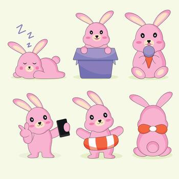 A set of rabbit hare. Hare in summer. Rabbit taking selfies. Hare present. vector