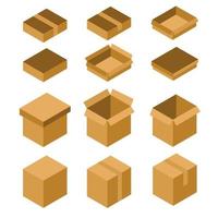 conjunto de caja de iconos. marrón, color marrón oscuro, caja abierta, cerrada, alta, baja. vector