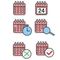 A set of colored calendar icons. Red calendar. Time, date, search, clock, tick, ban. vector