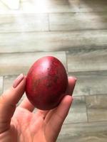 Easter egg of red color in female hands with pink cute manicure. paint the shell with onion peel. brilliant decoration of the Easter basket. on a wood background photo