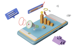 téléphone portable ou smartphone avec graphiques et graphiques, analyse des données financières de l'entreprise, marketing en ligne isolé. illustration 3d ou rendu 3d png