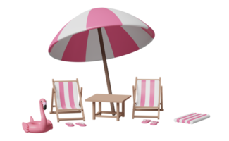 silla de playa para el mar de verano con sombrilla, flamenco inflable, sandalias, balsa de goma aislada. concepto de viaje de verano, ilustración 3d o presentación 3d png