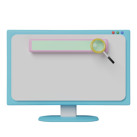 monitor de computadora con barra de búsqueda en blanco, lupa aislada. motor de búsqueda web mínimo o concepto de navegación web, ilustración 3d o presentación 3d png