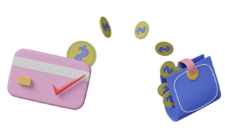 portefeuille et carte de crédit avec des pièces de monnaie économiser de l'argent concept isolé. illustration 3d ou rendu 3d png