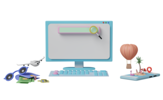 computer monitor with blank search bar, magnifying glass,palms, beach chair, inflatable flamingo, plane isolated. web search engine summer travel vacation concept, 3d render png