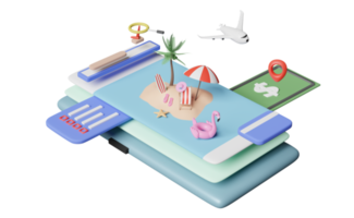 mobile phone or smartphone with palms, beach chair, banknote, pin, plane isolated. save money for summer travel vacation concept, 3d illustration or 3d render png