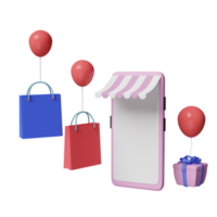 mobile phone or smartphone with store front, shopping paper bags, balloon, gift box isolated. franchise business or online shopping concept, 3d illustration or 3d render png