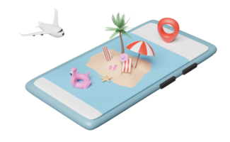 téléphone portable ou smartphone avec palmiers, chaise de plage, flamant rose gonflable, épingle, parapluie, sandales, avion isolé. concept de vacances de voyage d'été, illustration 3d ou rendu 3d png